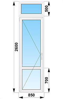 Балконная  дверь с фрамугой  стеклянная  с импостом 850x2600
